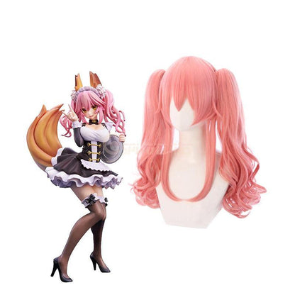 Anime FGO Fate/Grand Order Tamamo no Mae Pink Curly Ponytail Cosplay Wigs